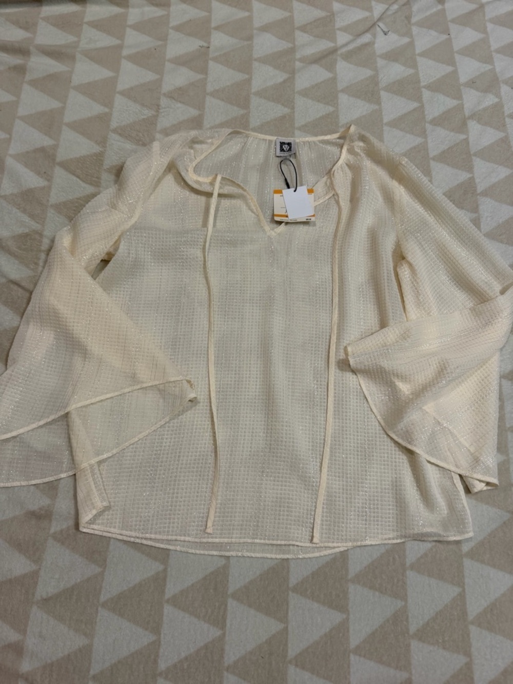 Anne Klein light dune metallic bell sleeve flowy layered blouse